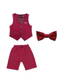 男童夏季休闲绅士套装（3件套）：纯色背心+短裤+领结 - 紅色 - 查看 11