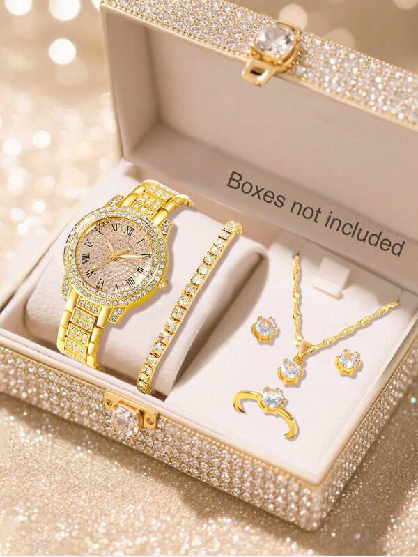 Ensemble de montres pour femmes 6 pièces, montre quartz élégante et ensemble de bijoux, montre ronde de mode pour femmes, collier serti de strass, boucles d'oreilles, bague, bracelet, convient pour le port quotidien, la rentrée des classes, la saison des diplômes, Thanksgiving, les couples, le meilleur cadeau. Boîte de montre non incluse.