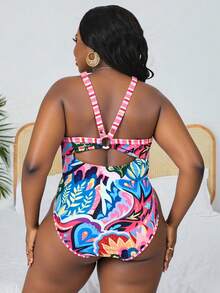 Slaydiva Plus Size Allover Print Beach Vacation One-Piece Swimsuit Summer - Multicolor - View 4