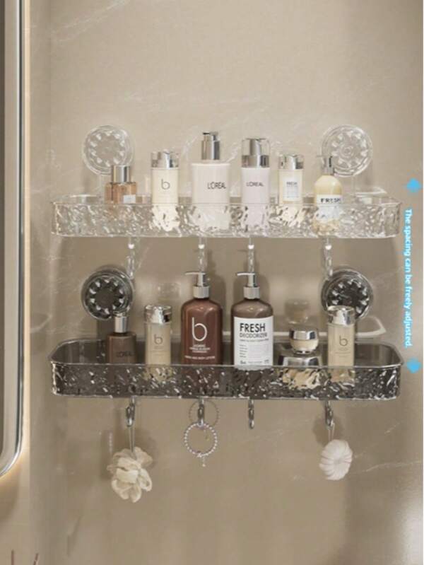 1pc Suction Cup Rectangular Bathroom Shelf, No-Drill Wall-Mounted Transparent Bathroom Organizer, Large Capacity With Hooks, Quick Drainage, Moisture-Proof, Ideal For Bathroom, Washbasin, Kitchen Storage Box Bathroom Accessories