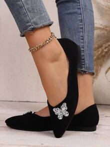 1 Pair Women's Pointed Toe Sparkling Butterfly Decor Ballet Flats, Comfortable & Elegant Design For Walking, Outdoor Leisure, Travel - Black - View 4