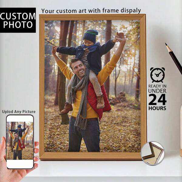 1 Pc, Custom Photo, Polished Plexiglass Wooden Frame,Custom Made Portrait, A Gift For Dad,Personalized Canvas Printed Poster Art, Perfect For Families, Couples, Pets' Memories, And A Perfect Gift For Anniversaries
