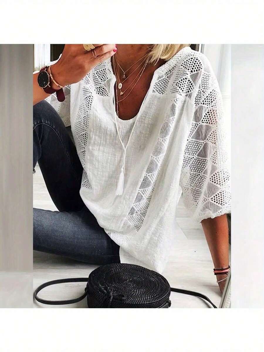 Women's 3/4 Sleeve Cotton Lined Tunic Top - Light Grey V-Neck Casual Loose Shirt With Geometric Perforated Detail, High Quality Autumn T-Shirt For Layered Or Separate Garments, S-XXL, Loose Version Top | Asymmetrical Design | Machine Washable - 白色 - 查看 1