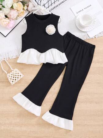 2-Piece 2025 Summer Girls Outfit - Colorblock Sleeveless Floral Trim Tank Top & Bottom Floral Trim, Casual Young Girl Clothing, Cute Knit Suit, Perfect Gift For Girls