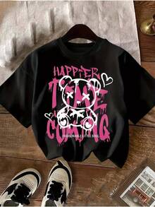 Teen Girl Summer Clothes Summer Tops Y2K Style, Pink Bear & Letter Print Short Sleeve Tee, Teen Shirts Girls Shirts, Round Neck Breathable Fabric, Teen Girl Outfits Adorable Teen Girl Gifts - màu đen - Xem 1
