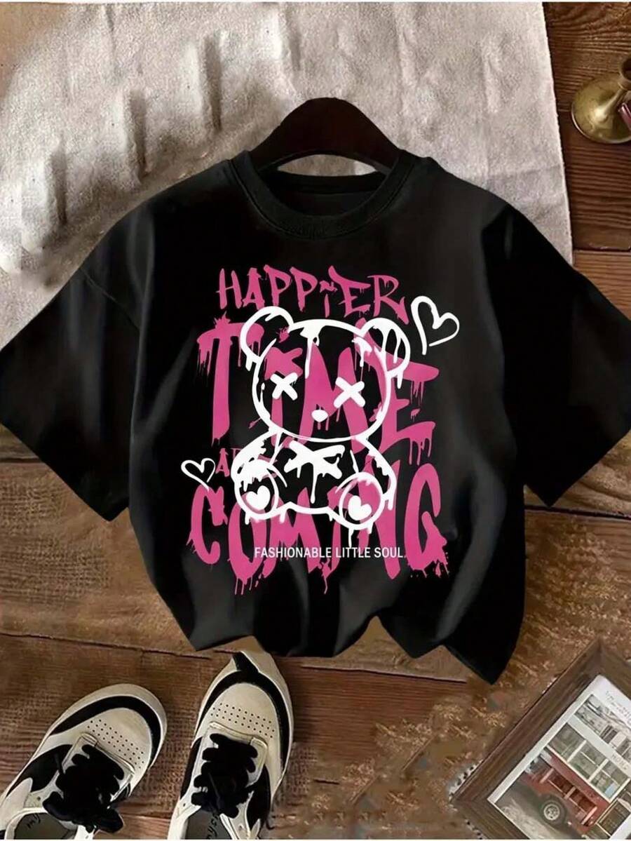 Teen Girl Summer Clothes Summer Tops Y2K Style, Pink Bear & Letter Print Short Sleeve Tee, Teen Shirts Girls Shirts, Round Neck Breathable Fabric, Teen Girl Outfits Adorable Teen Girl Gifts - màu đen - Xem 1
