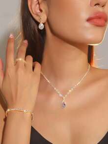 5pcs Sparkling Rhinestone Jewelry Set, Sweet And Stylish Earrings, Ring, Bracelet, Necklace Combo, Bridal Wedding Dress Accessories - Gold - View 2