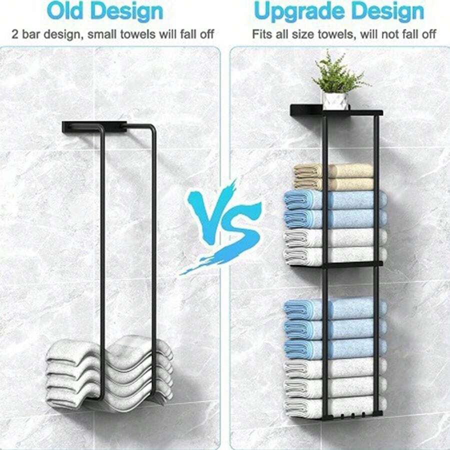 Towel Holder Without Drilling, Wall Towel Stand Matt Black With Hooks And Protective Grille For Bathroom & Kitchen, Towel Rack Organizer, Wall-Mounted Shelf For Storage And Organization, 3-Tier Towel Stand - màu đen - Xem 1