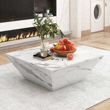 Modern Drum Coffee Table, White Marble Veneer Trapezoidal Coffee Table, Living Room Table 70*70*37cm - White - View 2