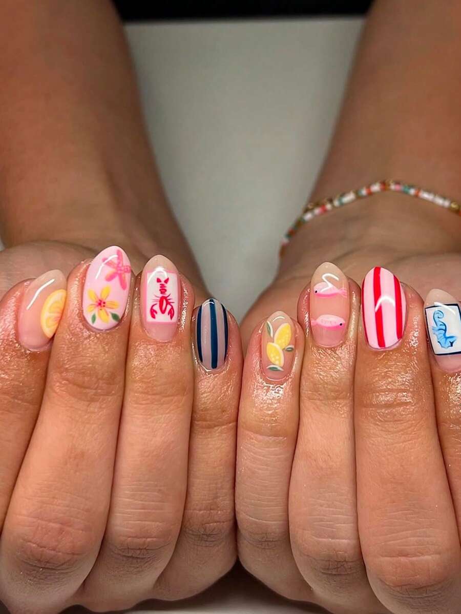 24 piezas de uñas de almendra con estilo de vacaciones en el océano de verano, diseños de caballito de mar, peces, grafiti, uñas postizas dulces y geniales para mezclar y combinar, langosta, fruta, limón, flor, rayas, esenciales para fiestas, viajes y playa, que incluyen 1 pieza de pegamento de gelatina y 1 lima de uñas