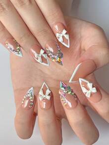 10 件肉色最新设计按压指甲中号法式杏仁假指甲手工 ABS 材料亚克力指甲片 3D 花朵按压指甲用品指甲 - 彩色 - 查看 4