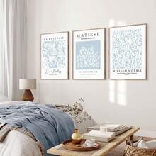 3 件套波西米亚绿色抽象几何植物线条艺术肖像帆布墙面艺术印刷品、马蒂斯墙面艺术、毕加索艺术印刷品、威廉·莫里斯印刷品、画廊墙面艺术海报套装、绿色房间装饰美学墙面艺术、抽象墙面艺术、家居装饰、无框 - 藍色 - 查看 7