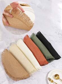 مجموعة من 2/6/8 قطع من الحصير المنسوج بشكل طبيعي، حصير دائري بطراز بوهيمي مزين بشراريب، قطر 15 بوصة، مقاوم للحرارة وقابل للغسيل، أطباق طاولة المطبخ، أطباق تحت الأكواب مانعة للانزلاق للتخييم وحفلات العائلة والزفاف والأعياد والحفلات العشائية