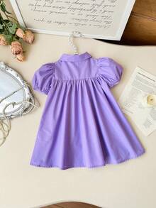 Robe élégante avec col polo, manches bouffantes et nœud papillon pour filles. Tenue de princesse formelle pour la rentrée scolaire - Prune - Voir 2