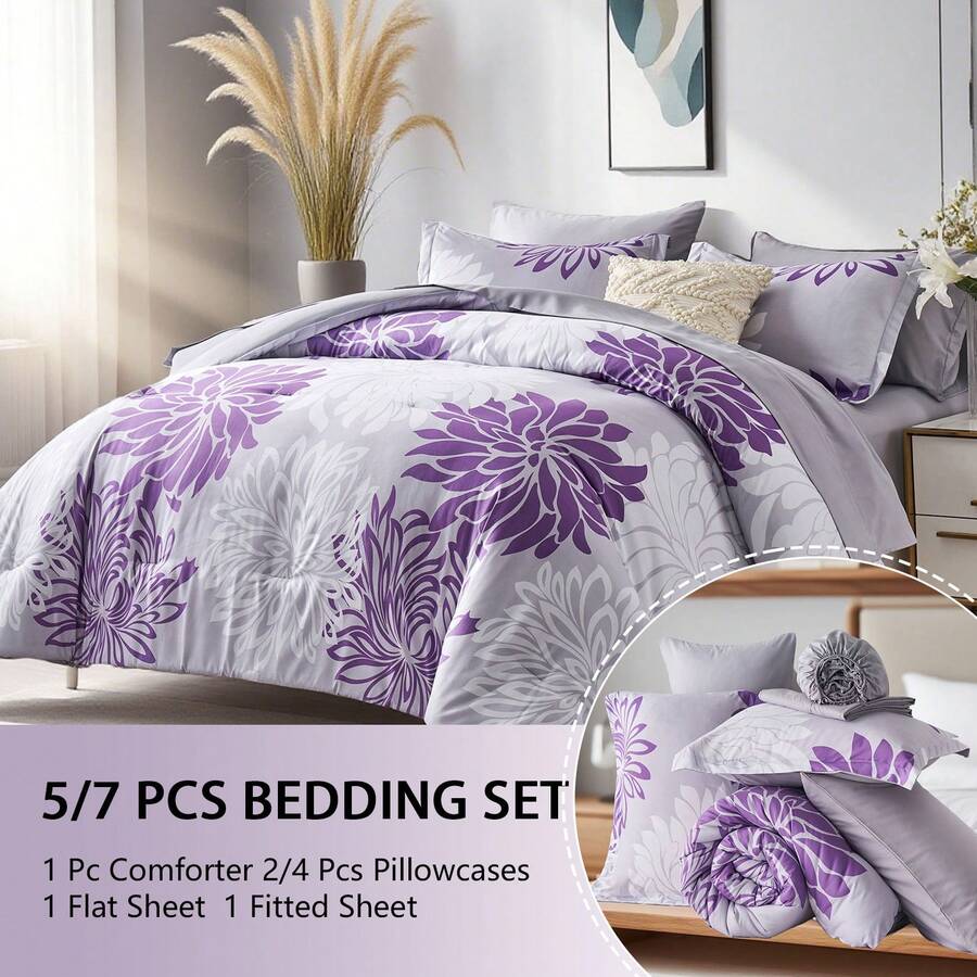 7 Pieces Chic Floral Printed Bed Comforter Sets, Queen King, Soft And Comfortable Summer Bedding Sets, Bed In A Bag, Hotel Bedroom Room Decoration, 1 Comforter 2/4 Pillowcases, 1 Flat Sheet And 1 Fitted Sheet, Perfect Gift For All Four Seasons - Màu tím - Xem 1