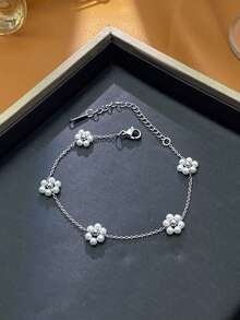 1pc Fashionable Delicate Twisted Faux Pearl Stainless Steel Bracelet With Pink Crystal Flower Handmade O-Link Chain Wristband, Suitable For Women, Spring/Summer/Autumn