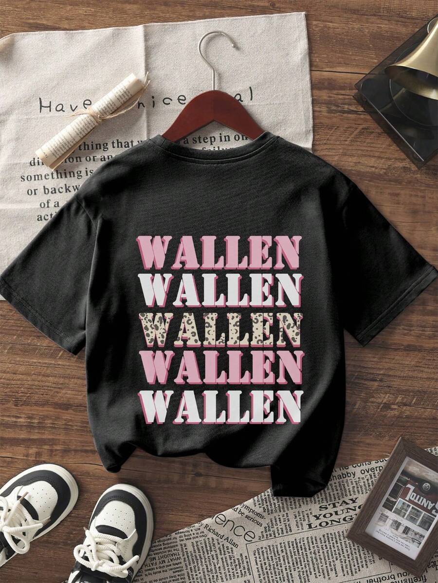 1 件儿童 Wallen 品牌可爱图案印花短袖 T 恤,女童青年休闲 T 恤,夏季上衣,儿童礼物 - 黑色 - 查看 1