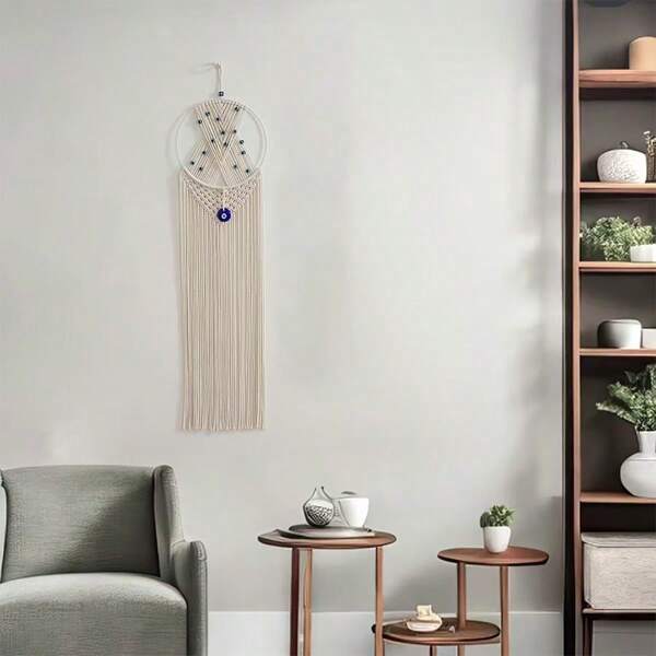 Handmade Cotton Woven Turkish Blue Evil Eye Wall Hanging, Handwoven Wood Ring Blue Eye Decorative Piece, Unique Hotel/Home Decor, Suitable For Walls, Cars