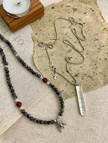 1Pc Vintage S925 Thai Silver Retro Handmade Long Pendant Necklace Layered Chain Unisex Jewelry Gift For Men Women