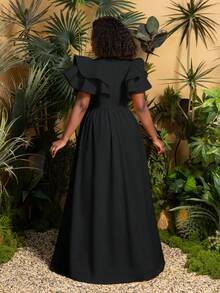 Faeriesty TribalChic Plus 夏季休闲长裙 - 合身紧身胸衣，配有短荷叶边袖和飘逸的拖地长裙，适合休闲外出、海滩度假、度假旅行和日常优雅穿着 - 黑色 - 查看 2