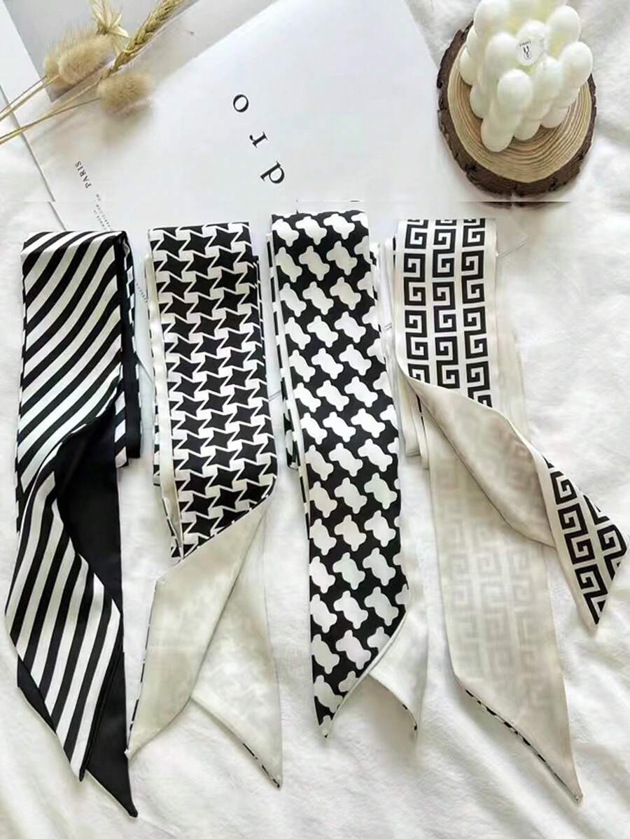 4 件套女士黑色真丝围巾、颈巾和发带，适合日常发饰、包装袋、礼物和装扮头带，适合女性、学校用品、大学