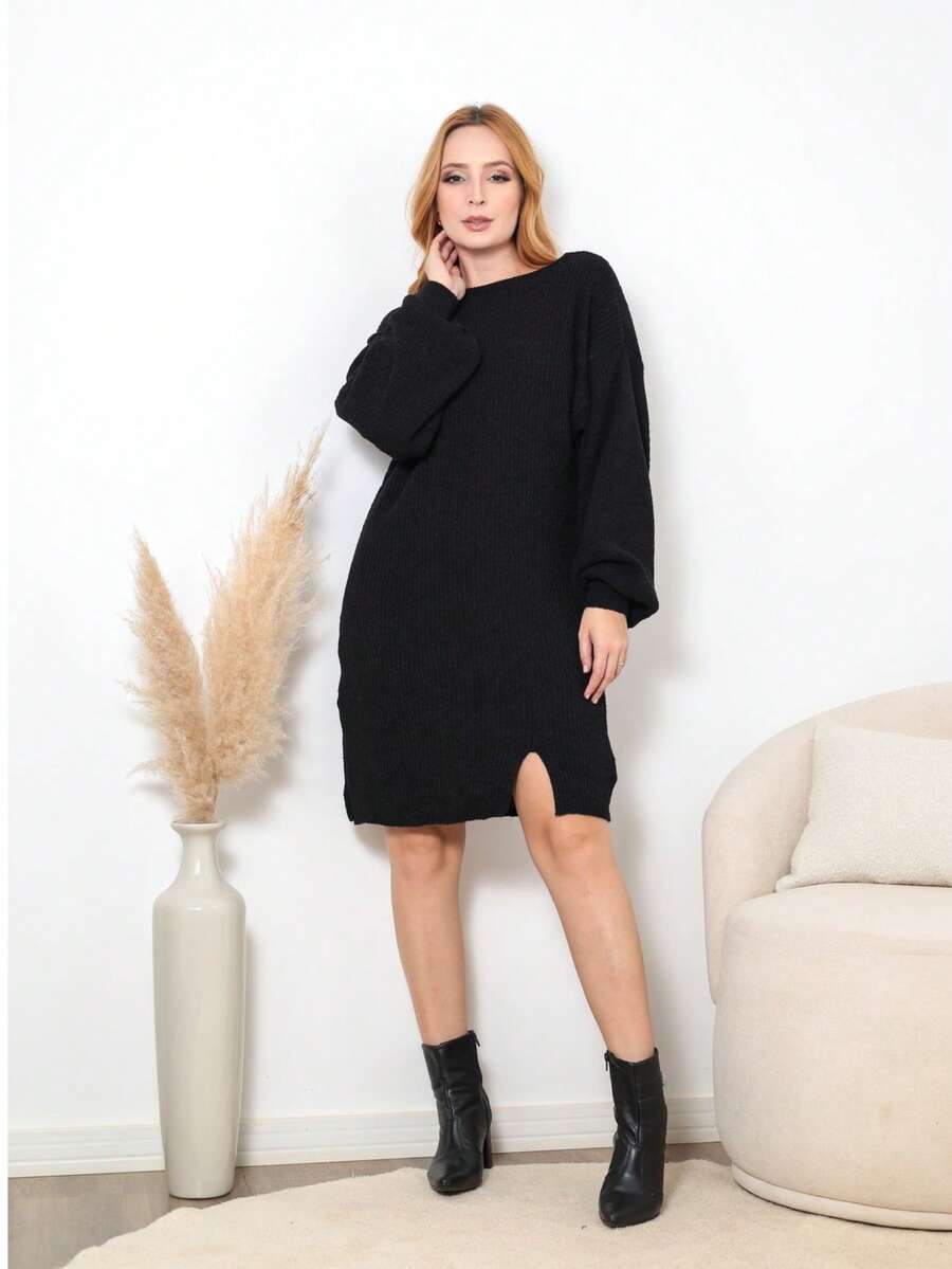 LARISSA KNITTING vestido feminino liso em mousse com manga bufante detalhe em fenda lateral outono inverno