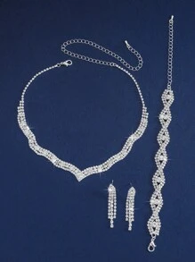 1 pièce Ensemble de bijoux de mariée tout en diamant à la mode, comprenant colliers, boucles d'oreilles et bracelets, convient pour le port quotidien des femmes, les mariages, les fêtes, etc.