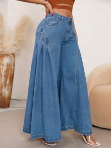 Women's Loose Wide Leg Button Fly Jeans With Pockets, Elegant & Sexy Denim Zipper Design - Light Wash - View 3