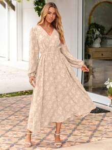 Womens Boho Floral Long Sleeve Maxi Dress V Neck Empire Waist Fall Wedding Guest Dresses With Pockets - 杏色 - 查看 2