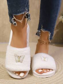 Women's Casual High-End Fashion Butterfly Embroidered Plush Slippers, Open Toe House Slippers, Soft & Comfortable Soft-Sole Lightweight, Suitable For Wedding Season, Halloween, Living Room And Bedroom, All Season - White - View 4