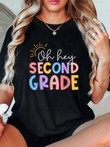 Oh Hey Second Grade Student Teacher First Day Back To School T-Shirt - 100% Cotton Summer Tops Office Outfits For Women, Vacation Outfits Woman