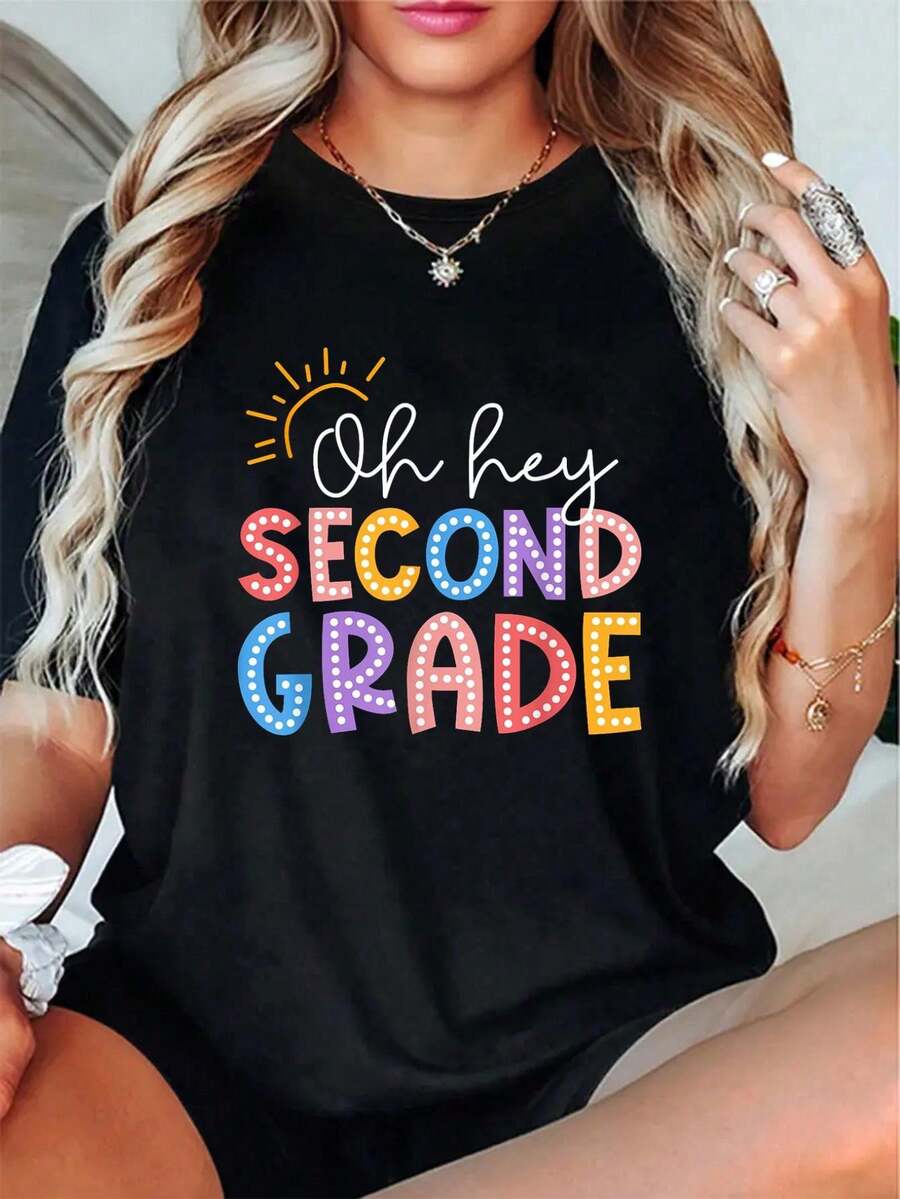 Oh Hey Second Grade Student Teacher First Day Back To School T-Shirt - 100% Cotton Summer Tops Office Outfits For Women, Vacation Outfits Woman