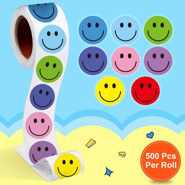 500Pcs/Roll Cartoon Smile Face Expression Thank You Reward Stickers,8 Designs Happy Term Begins Season 2.5cm/1.0in Round