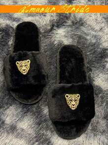With Gold Panther Rhinestone Inlay Style,House Slippers Are Comfortable, Soft, Fashionable, And Can Be Worn Outside Or At Home. They Are A Choice For Trendsetters,Shoes Women Slippers,Fluffy Slippers,Slippers,Black Minimalist Fuzzy Bedroom Slippers,White Shoes,Gray Shoes