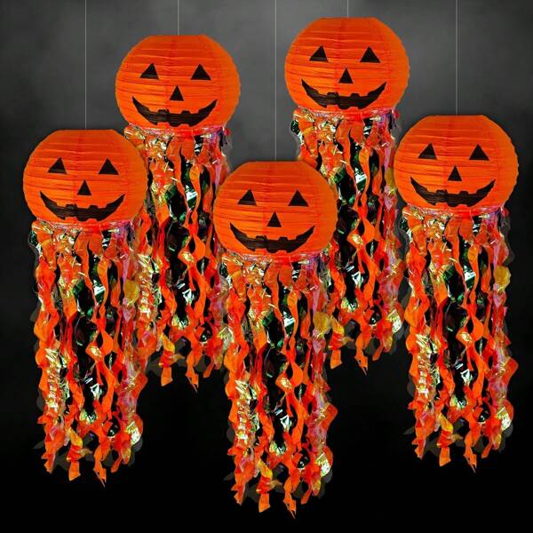 1/3/5pcs Pumpkin Paper Lanterns Are Used For Halloween Party Decoration. Orange And Black Hanging Paper Lanterns Are Suitable For Adult Birthdays, Weddings, Graduation, Indoor And Outdoor Gardens, And Home Decoration