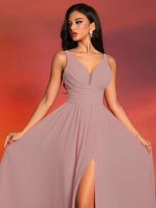 Dusty Pink Bridesmaid Dress Long Chiffon Formal Gown With Slit For Wedding Guest, Prom, Gala, Evening Party, Banquet, Cocktail, Red Carpet, Formal Ceremony, Pageant, Holiday Party, V Neck Sleeveless A-Line Maxi Dress For Women - Dusty Pink - View 3