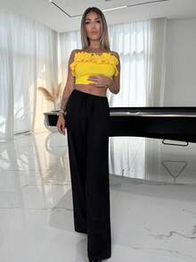 Manon Tanti Tie Front Linen Feel Beach Trouser Vacation Summer Elegant, Spring - Black - View 1
