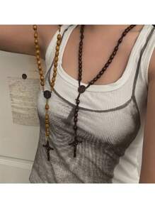 Wooden Bead Rosary Necklace Catholic Rosary Wood Carved Solid Beads With Jesus Cross Our Father With Velour Gift Pouch Baptism Favors Catholic Gift(Coffee, Wood)