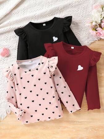 3pcs Young Girl Casual Heart Print Long Sleeve Crew Neck T-Shirt,Suitable For Leisure, Sports, Traveling, Daily Wear, School, Outdoor Activities, Spring & Autumn