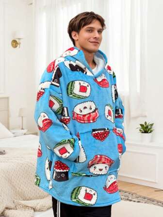 Oversized Wool Blend Hooded Sweatshirt - Sushi Themed Coastal Design With Cartoon Sushi Characters, Soft Warm Cozy Unisex Adult Pullover, Machine Washable, Great Gift For Mom, Girlfriend, Sister, Comfortable Flannel Fabric