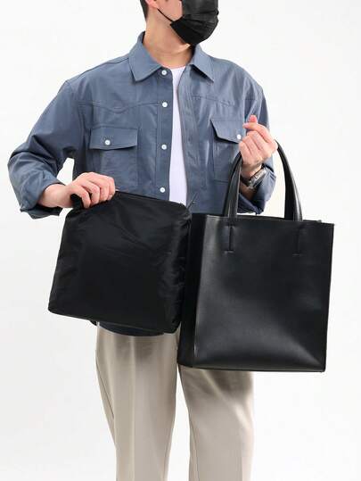 男士竖款长方形托特包，大容量商务笔记本电脑包，带内层，适合通勤、返校、旅行