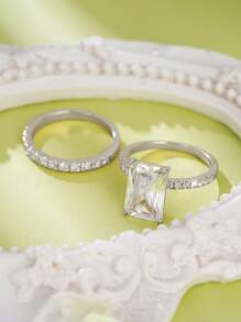 2 Pcs/Set Pretty Cubic Zirconia Ring For Women For Wedding Engagement Party Jewelry Valentine's Day Gift