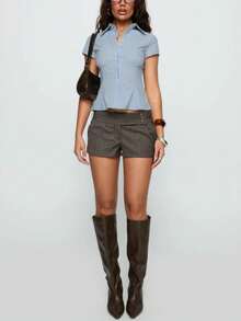 Women Y2K Plaid Summer Short Sleeve Button Up Shirt Collared Slim Fit Casual Blouse Top - 淺藍色 - 查看 7