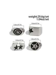 4pcs/Set Punk Hip Hop Star Ring Set For Men, Daily Wear, Party, Music Festival - Silver - View 5