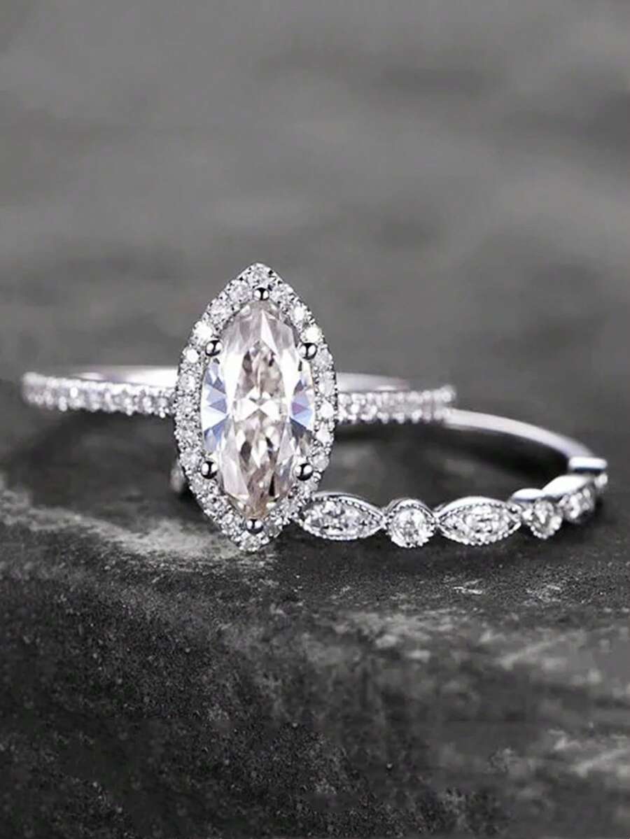 2 件套迷人方晶锆石戒指，适合女士，情人节礼物，结婚周年派对珠宝