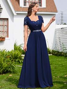 MIUSOL Sequin Floral Lace Contrast Chiffon Sweetheart Neck Hot Drill Belt Pleated Hem Evening Party Long Dress, Bridesmaid Dress, Prom Dress, Wedding Guest Dress