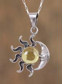 1pc Elegant Minimalist Faux Gemstone Sun & Moon Pendant Necklace, Suitable For Men And Women, Lovely Festival Gift