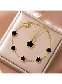 2pcs Elegant Four-Leaf Clover Jewelry Set - Stainless Steel Flower Bracelet And Necklace Pendant Set, Ideal Gift For Girls & Friends, Fashionable Accessory For Any Occasion