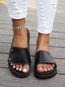 Sandalias planas impermeables de plataforma de unicolor minimalista para mujer, adecuadas para uso al aire libre y playa, tallas grandes, verano