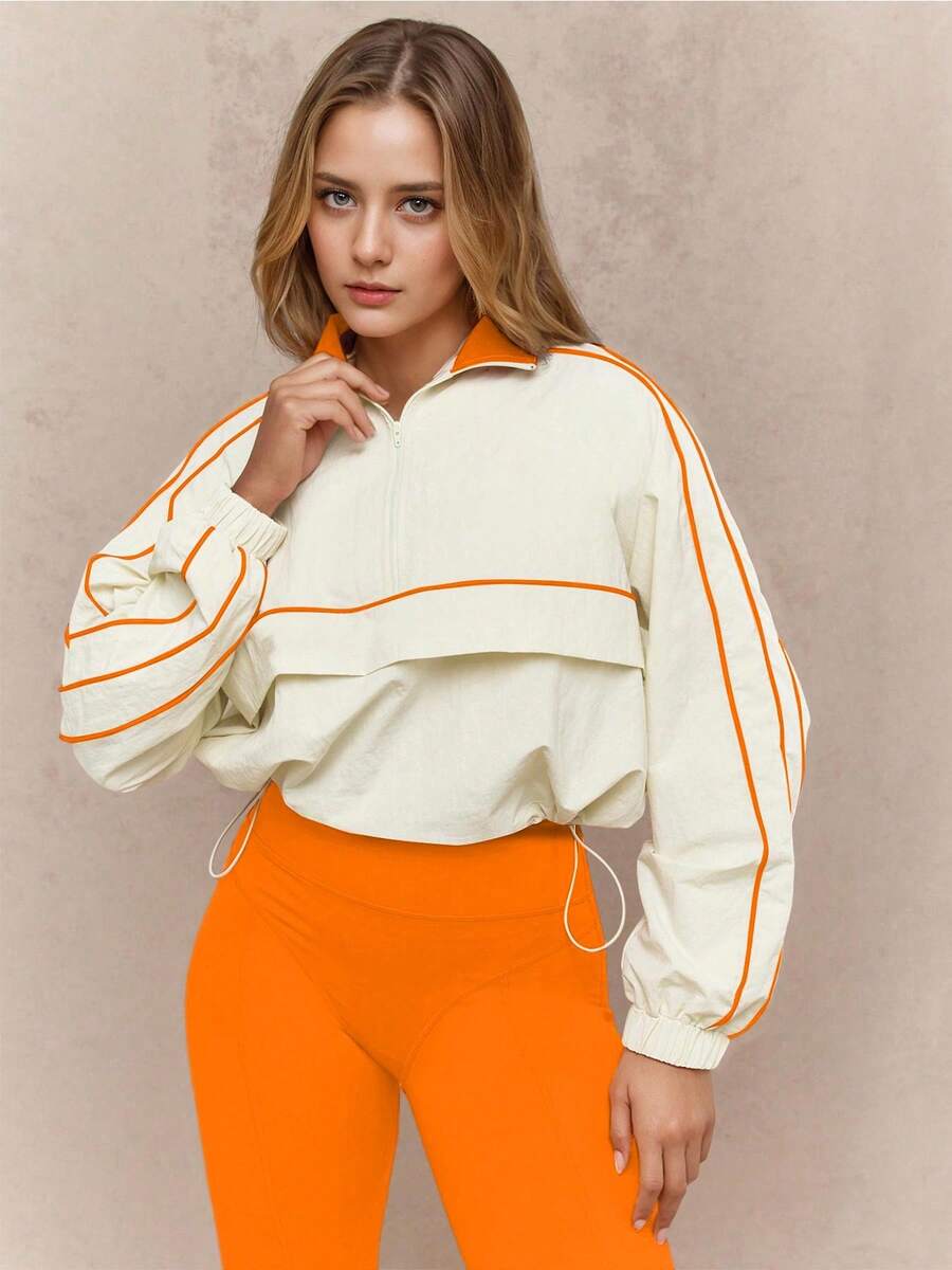 Colorblock Striped Casual Rib-Knit Drawstring Zipper - trái cam - Xem 1